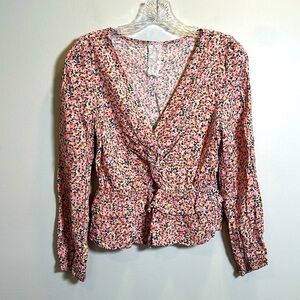 Sadie & Sage Floral Blouse Long Sleeve Women's Small Orange Boho Prairie Peasant